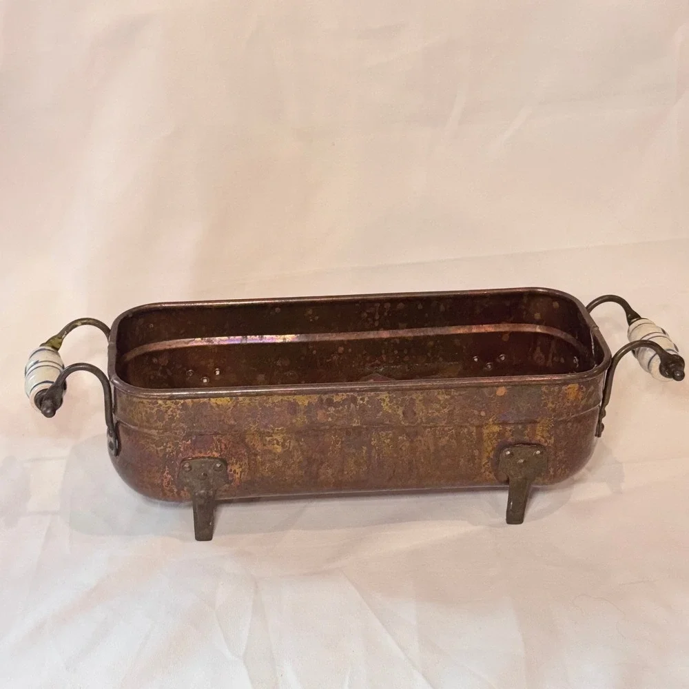 Vintage‎ Footed Copper Brass Jardiniere Planter Pot Delft Porcelain Handles Farm